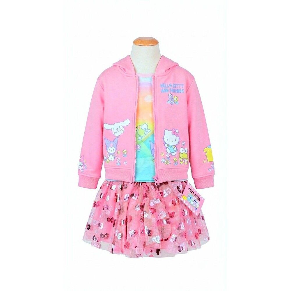 Hello Kitty Pink 3pc Tutu Set Embroidered Full Zip Hoodie, Tee, Tutu Skirt 3T